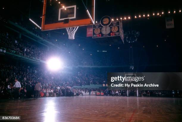 General view of the court during halftime of the Boston Celtics and Philadelphia Warriors game on November 25, 1959 at the Boston Garden in Boston,...