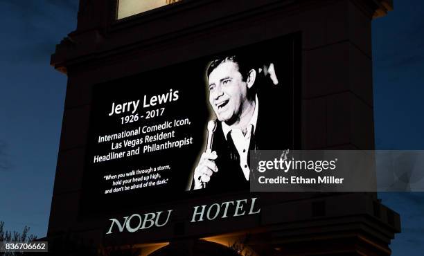 The marquee at Caesars Palace shows a tribute to entertainer Jerry Lewis on August 21, 2017 in Las Vegas, Nevada. Lewis died on August 20 at his home...