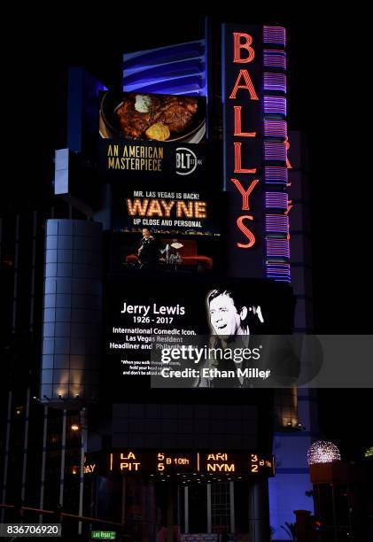 The marquee at Bally's Las Vegas shows a tribute to entertainer Jerry Lewis on August 21, 2017 in Las Vegas, Nevada. Lewis died on August 20 at his...