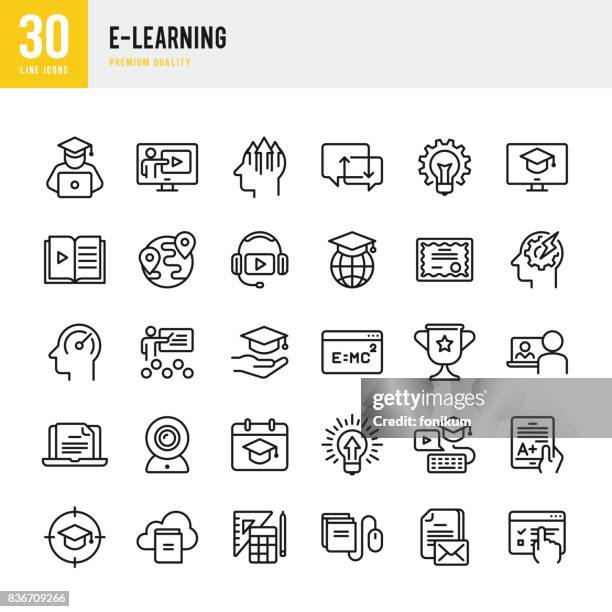 stockillustraties, clipart, cartoons en iconen met e-learning - dunne lijn vector icons set - e book