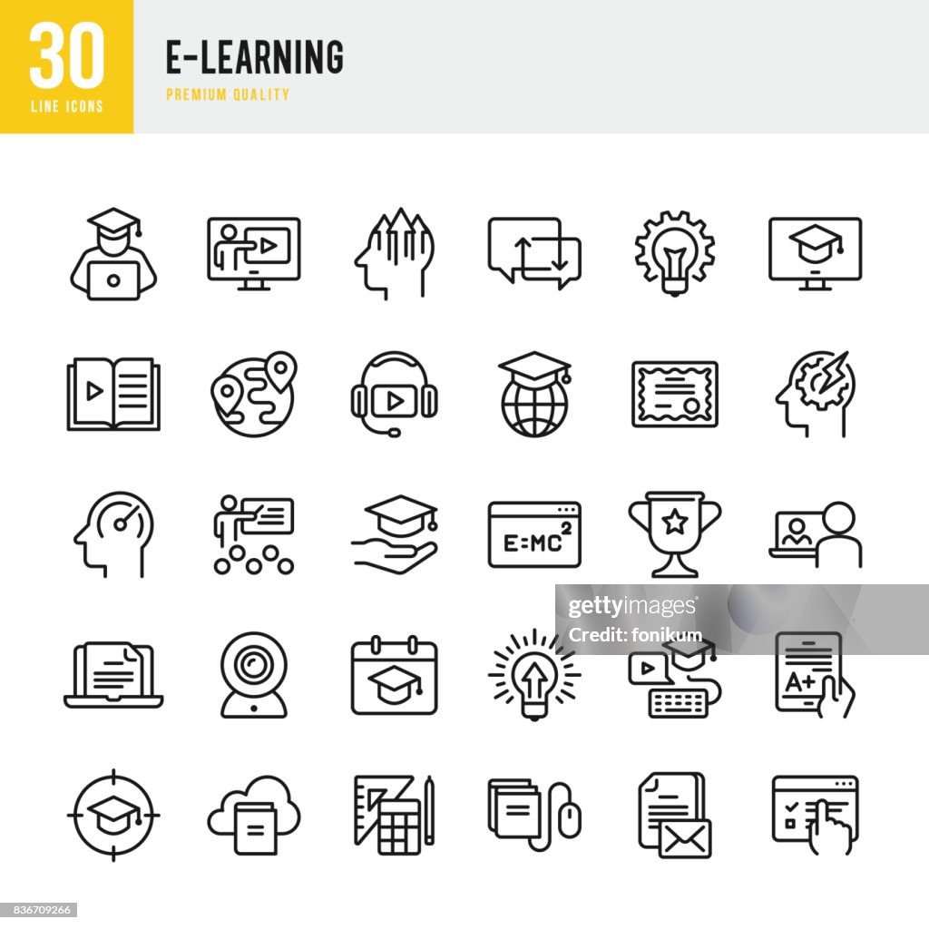E-Learning - set of thin line vector icons