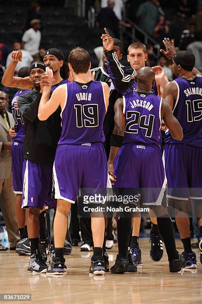 The Sacramento Kings celebrate their victory over the Los Angeles Clippers at Staples Center on November 12, 2008 in Los Angeles, California. The...