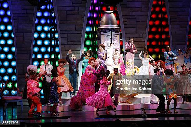 Actor Harvey Fierstein and the cast appear at the curtain call in "Hairspray" on Broadway at the Neil Simon Theatre November 11, 2008 in New York...