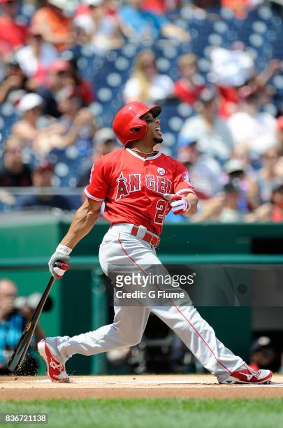 Ben Revere of the Los Angeles Angels bats against the Washington Nationals at Nationals Park on August 16, 2017 in Washington, DC.