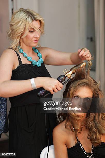 Actress Jackie Seiden gets her hair styled backstage during the Yotam Solomon Spring-Summer 2009 Runway Show at Box Eight on October 17, 2008 in Los...