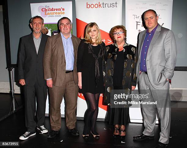 Michael Rosen, Sophie Dahl and Dara O'Briain judge the Roald Dahl Funny Prize competition at Unicorn Arts Theatre on November 13, 2008 in London,...