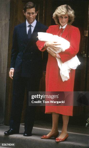 Princess Diana and Prince Charles leaving St.Mary's Hospital Paddington with Prince Harry in London September 1984