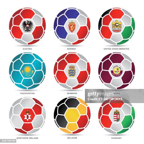 flags of world on soccer balls - world cup stock illustrations