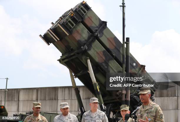 Forces Korea Commander General Vincent Brooks speaks to the media during a press conference as US Pacific Command Commander Admiral Harry Harris Jr....