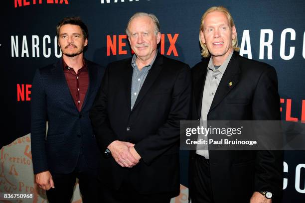 Pedro Pascal, William Rempel and Chris Feistl attend "Narcos" Season 3 New York Screening - Arrivals at AMC Lincoln Square 13 Theater on August 21,...