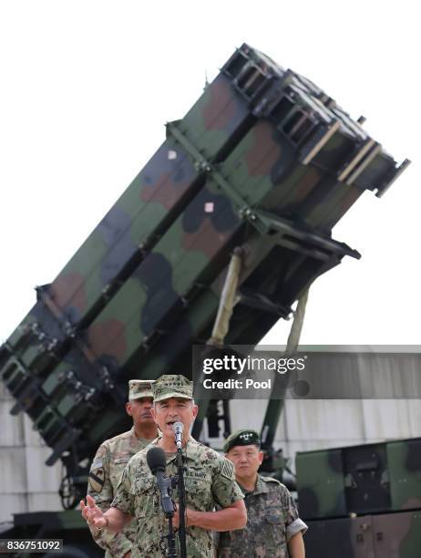 Pacific Command Commander Adm. Harry Harris answers a reporter's question during a press conference as United States Forces Korea Commander Gen....