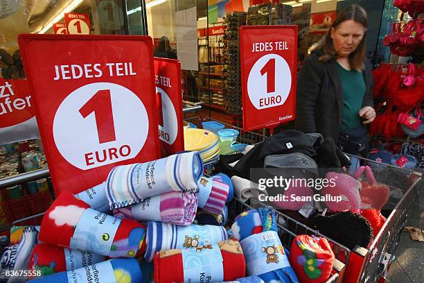 People check out offerings at a EuroShop branch, where every item sells for a maximum of one Euro, on November 13, 2008 in Berlin, Germany. The...