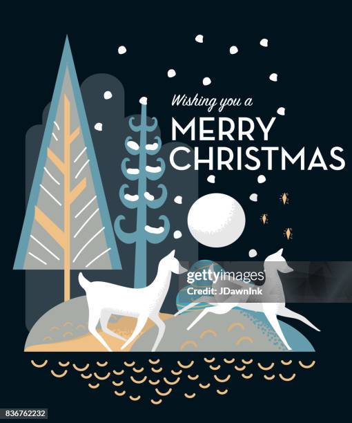 stylized deer running in the woods merry christmas greeting design - winter running stock illustrations