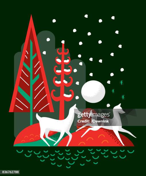 stylized deer running in the woods merry christmas greeting design - deer forest stock illustrations