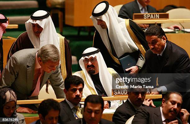 King Abdullah of Saudi Arabia looks on at the Culture of Peace meeting of the United Nations General Assembly at UN headquarters November 13, 2008 in...