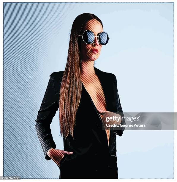 beautiful, well dressed young woman with long hair wearing blazer - at new york fashion week powered by art hearts fashion nyfw stock illustrations