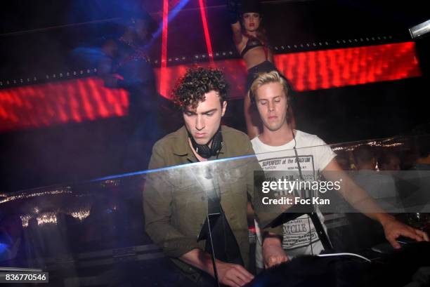 Members of Ofenbach DJS band Cesar Laurent de Rummel and Dorian Lauduique perform during the Ofenbach Party hosted by Virgin Radio at VIP Room Saint...