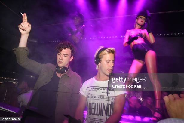 Members of Ofenbach DJS band Cesar Laurent de Rummel and Dorian Lauduique perform during the Ofenbach Party hosted by Virgin Radio at VIP Room Saint...