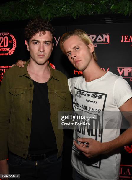 Members of Ofenbach DJS band Cesar Laurent de Rummel and Dorian Lauduique pose during the Ofenbach Party hosted by Virgin Radio at VIP Room Saint...