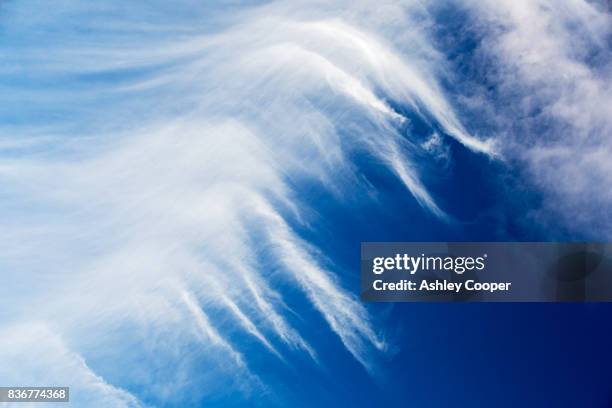 high cirrus cloud, a sign of high winds in the upper atmosphere, over cley, norfolk, uk. - wispy cirrus clouds stock pictures, royalty-free photos & images