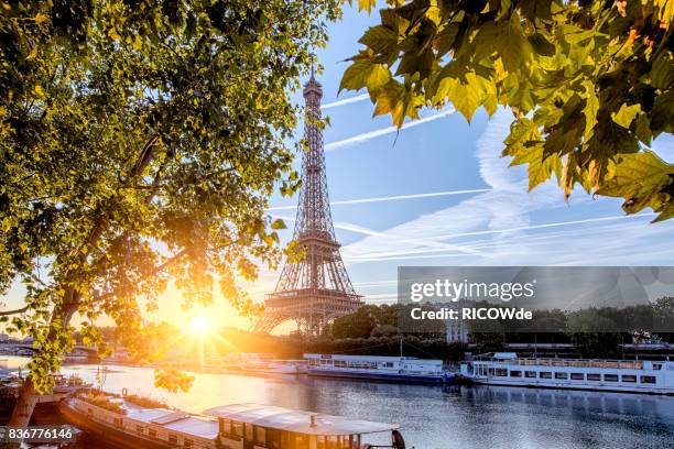 early morning at the eiffel tower - eiffel tower sunrise photos et images de collection