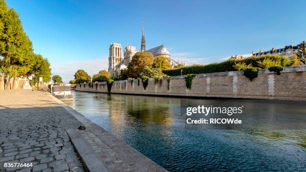 notre dame cathedral at sunrise, paris, france - river seine stock pictures, royalty-free photos & images