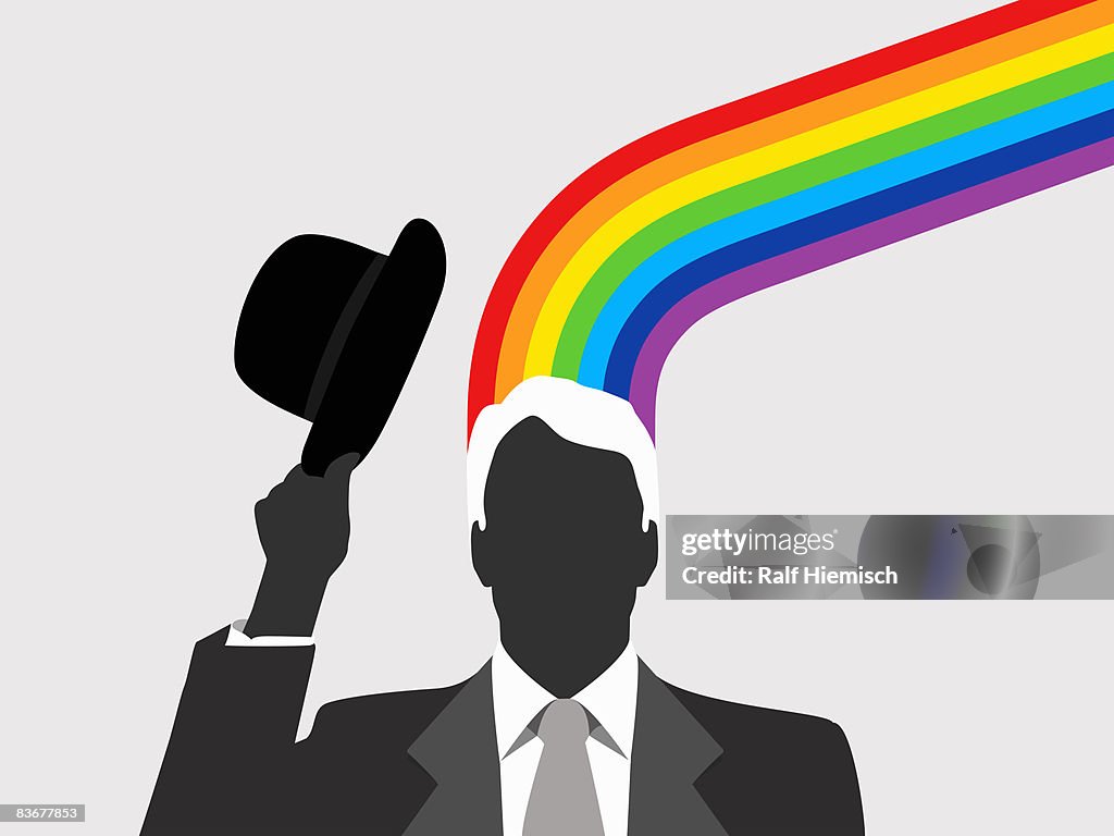 A man with a rainbow emerging from this head