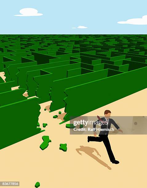 bildbanksillustrationer, clip art samt tecknat material och ikoner med a businessman breaking through the walls of a maze - emergence