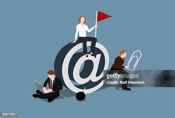 three people around an @ sign - at symbol stock illustrations