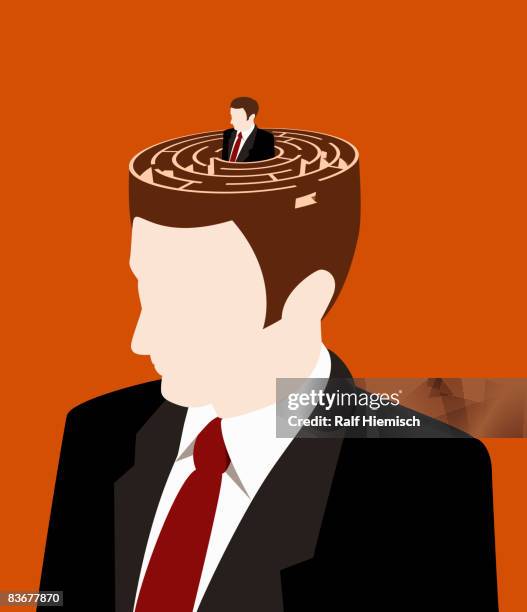 a man peering out of the top of another man's head - human-brain-top-view stock illustrations
