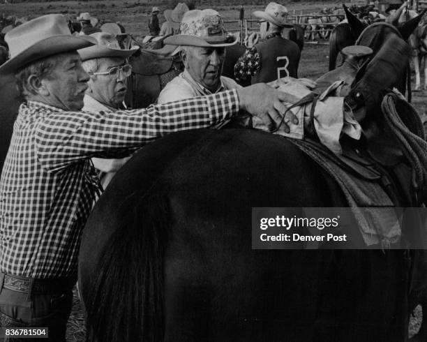 To R: Herbert Backer, Denver, Dr. Leonard Becker, Truth or Consequence, R.M., Conrad Becker, Lakewood. The three Becker brothers saddle up for first...