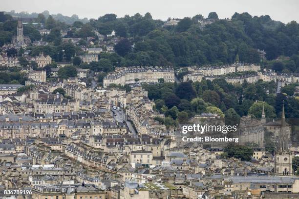 Rows of residential terraced housing stand in Bath, U.K. On Monday, Aug. 21, 2017. U.K. Property prices stagnated in July as a slump in London values...