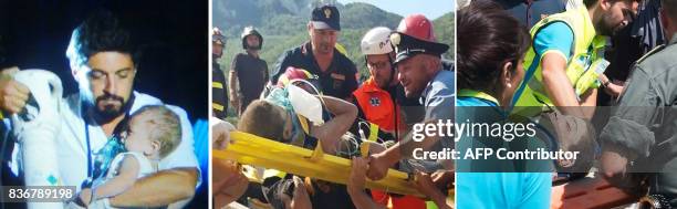 Combination of pictures shows Italian emergency workers evacuating three brothers, Pasquale 7 months old, Mattias 7 years old, and Ciro , 11 years...