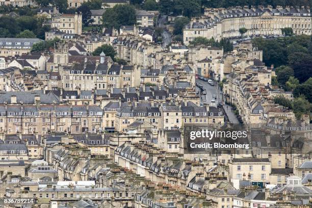 Rows of residential terraced housing stand in Bath, U.K. On Monday, Aug. 21, 2017. U.K. Property prices stagnated in July as a slump in London values...