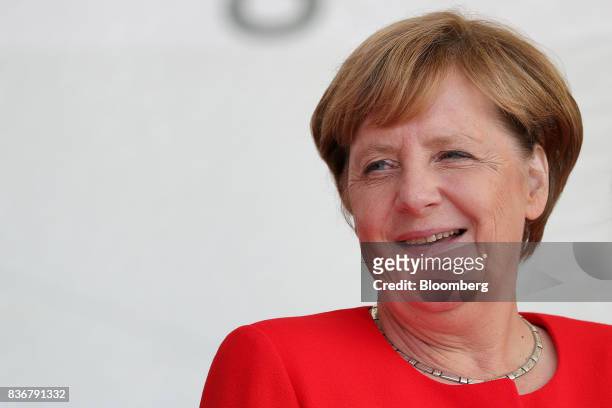 Angela Merkel, Germany's chancellor and Christian Democratic Union leader, reacts during an election campaign stop in Saint Peter-Ording, Germany, on...