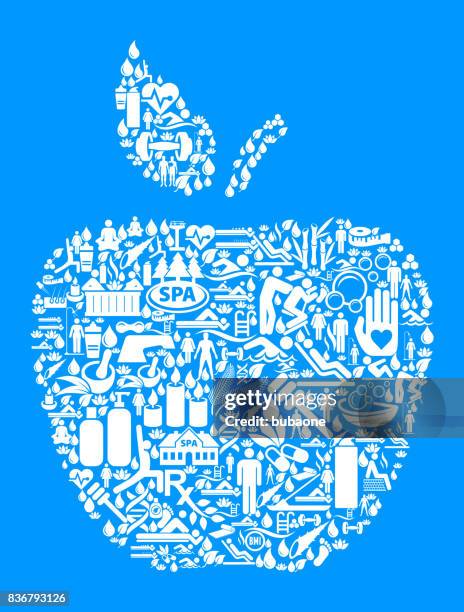 ilustraciones, imágenes clip art, dibujos animados e iconos de stock de icono de bienestar y salud de apple establecen fondo azul - apple pie