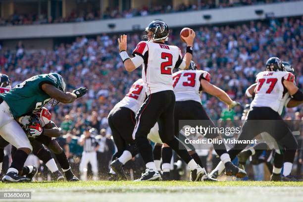 Matt Ryan of the Atlanta Falcons looks to pass against the Philadelphia Eagles at Lincoln Financial Field on October 26, 2008 in Philadelphia,...