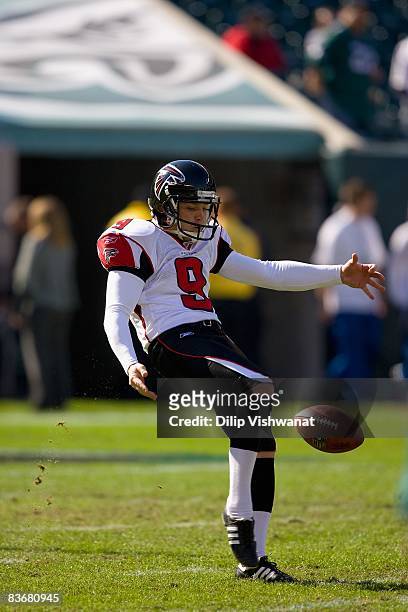 Michael Koenen of the Atlanta Falcons warms up prior to playing against the Philadelphia Eagles at Lincoln Financial Field on October 26, 2008 in...