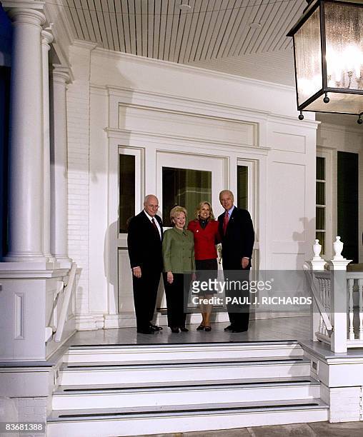 Vice President Dick Cheney and his wife Lynne , welcome US Vice President-elect Joe Biden and his wife Jill as they arrive for a private meeting and...