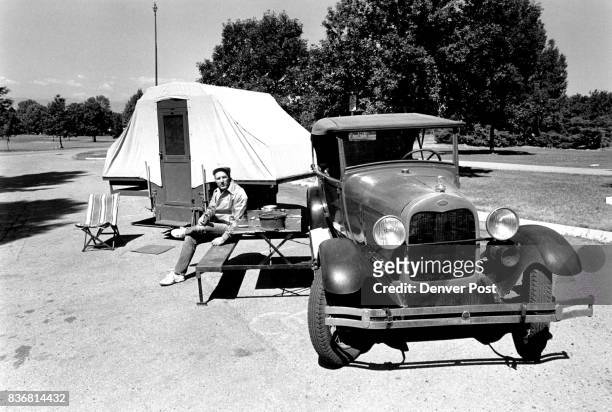 Cheesman Park Old time rec. Vehicle sits on the fold out table pulled out from the in front of an original pop-up type trailer-tent. Credit: The...