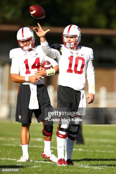 Keller Chryst throws a ball to a team mate during a Stanford University training session at Moore Park on August 22, 2017 in Sydney, Australia.