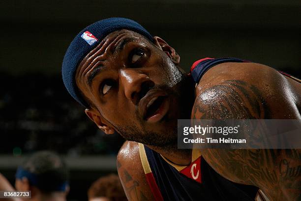 LeBron James of the Cleveland Cavaliers looks up during the game against the Dallas Mavericks on November 3, 2008 at American Airlines Center in...