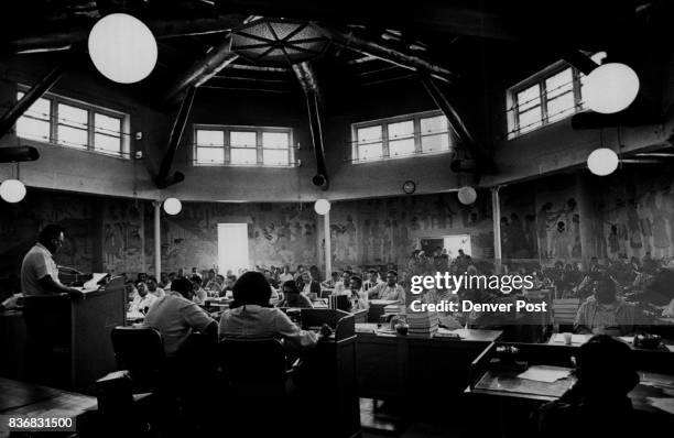 Indian Navajo Meeting Place of Tribal Council at window Rock, Ariz., Resembles a great Hogan, Murals depict Navajo History Credit: Denver Post