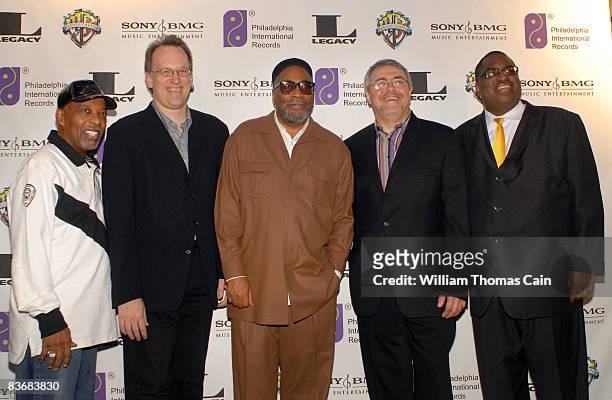 From left, Leon Huff, Jim Parham, VP of Marketing for Sony, Kenny Gamble, John Vernile of Sony, and Chuck Gamble pose for photos at PBS Presents...