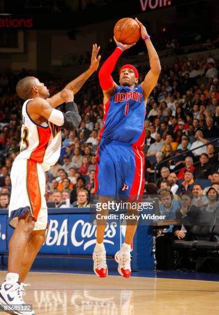 Allen Iverson of the Detroit Pistons shoots against the Golden State Warriors on November 13, 2008 at Oracle Arena in Oakland, California. NOTE TO...