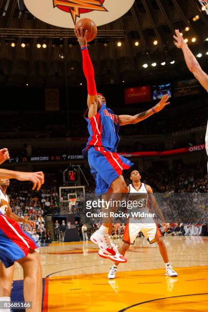 Allen Iverson of the Detroit Pistons lays it up against the Golden State Warriors on November 13, 2008 at Oracle Arena in Oakland, California. NOTE...
