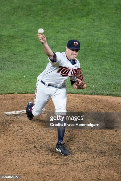 Matt Belisle of the Minnesota Twins pitches against the Milwaukee Brewers on August 7, 2017 at Target Field in Minneapolis, Minnesota. The Twins...