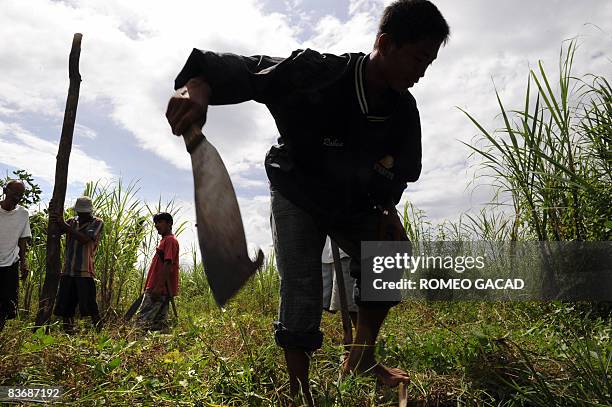 Group of Filipino farmers erect house foundation at the disputed farmland planted with sugar and rice in Santa Catalina town in Negros Oriental...