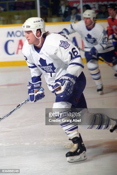 Darby Hendrickson of the Toronto Maple Leafs skates against the Calgary Flames during NHL game action on October 20, 1995 at Maple Leaf Gardens in...