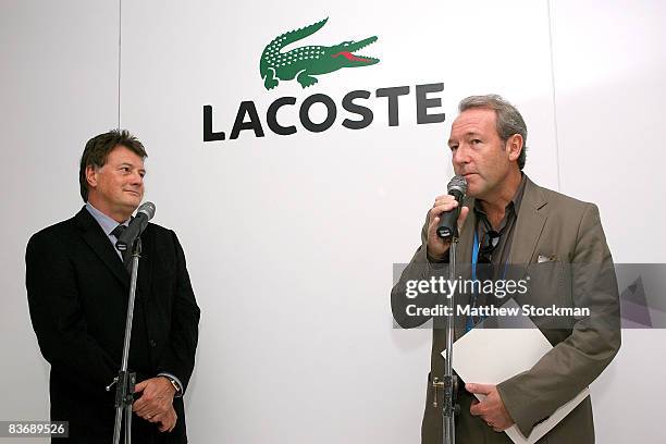 Etienne de Villiers and Lacoste CEO Christophe Chenut annouse the renewal of the partnership between the ATP and Lacoste at a press conference during...